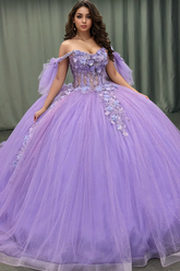 Ball Gown Off Shoulder Sleeveless Pleated Beaded Sequins 3D Flower Appliques Glitter Purple Tulle Quinceanera Dress Birthday Party Gown For Sweet 16